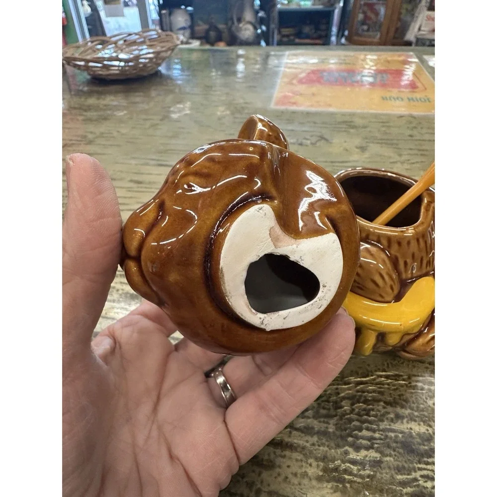 Vintage 1950's Ceramic Brown Honey Bear Pot Jar Taiwan With Dipper